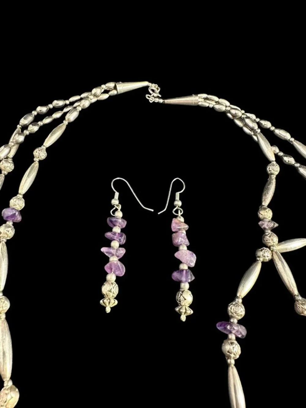 Jewelry Set Sterling Silver Amethyst Three Strand Necklace Dangle Earrings